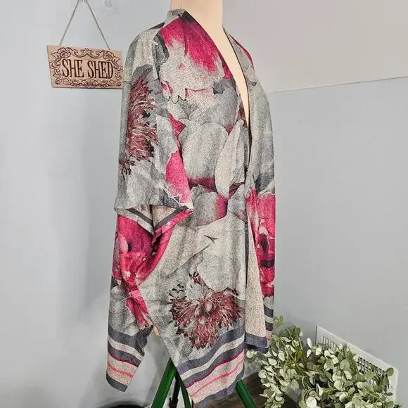 Chico's Floral Kimono Pink Gray Sweater Cardigan Bloomcore Outerwear XL Mature - Picture 3 of 11